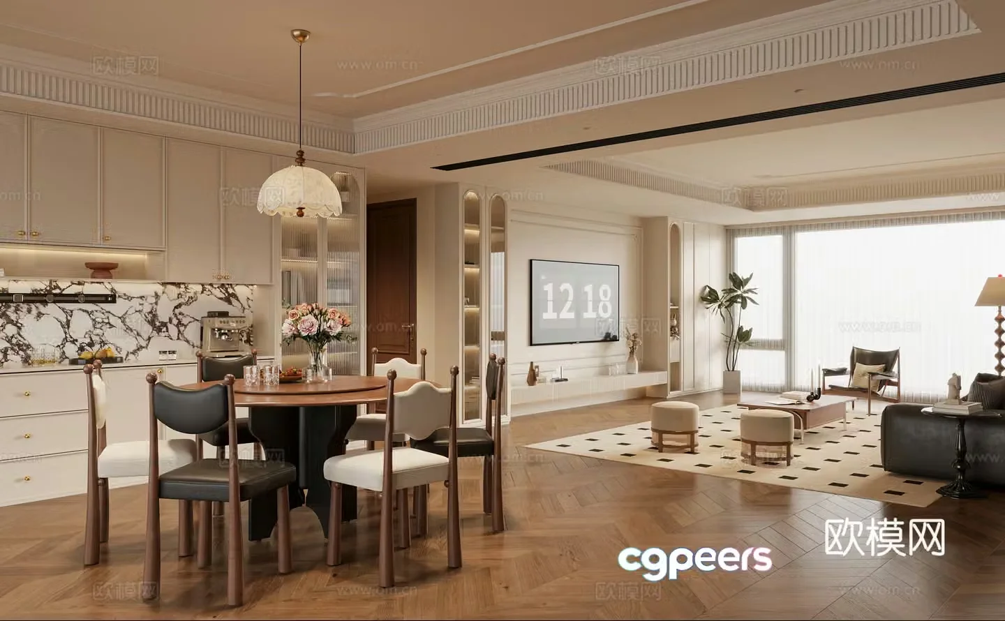 French medieval style dining room round dining table and chair sideboard French TV cabinet sofa and coffee table 3D model