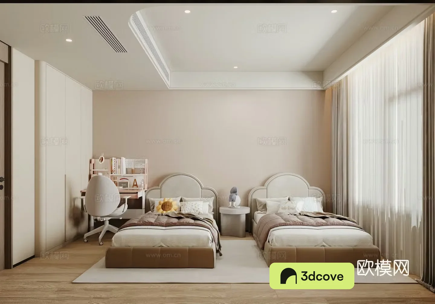 Modern twin children’s room Children’s room Desk and chair Children’s bed