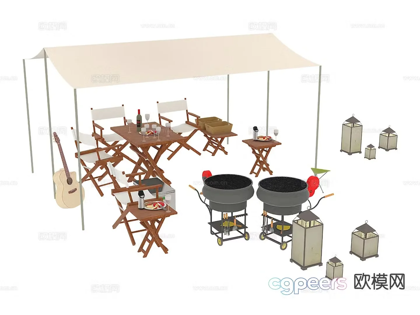 Outdoor tables and chairs camping tables and chairs barbecue grill 3d model