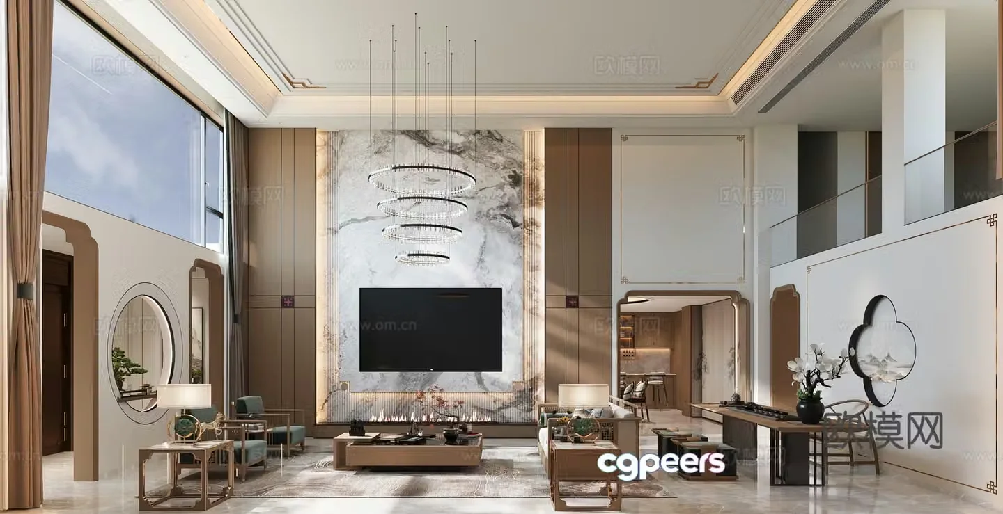 New Chinese style living and dining room TV background wall empty villa high villa 3D model
