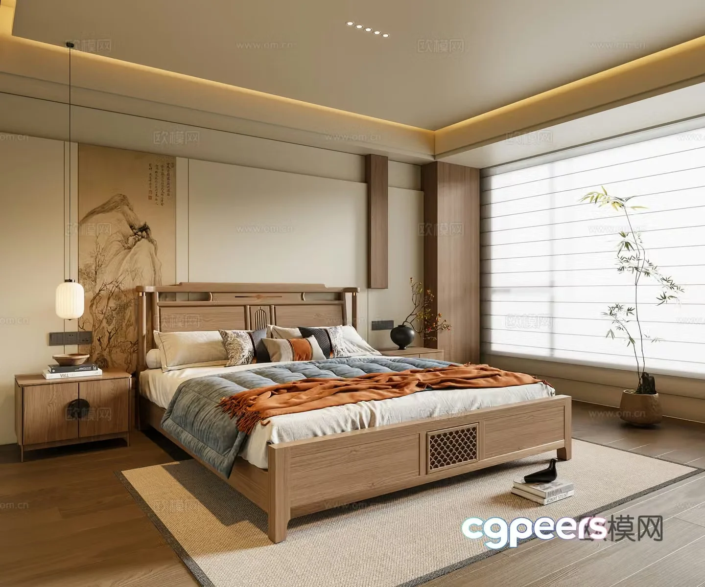 New Chinese style bedroom solid wood double bed bedside table chandeliers potted plants 3D model