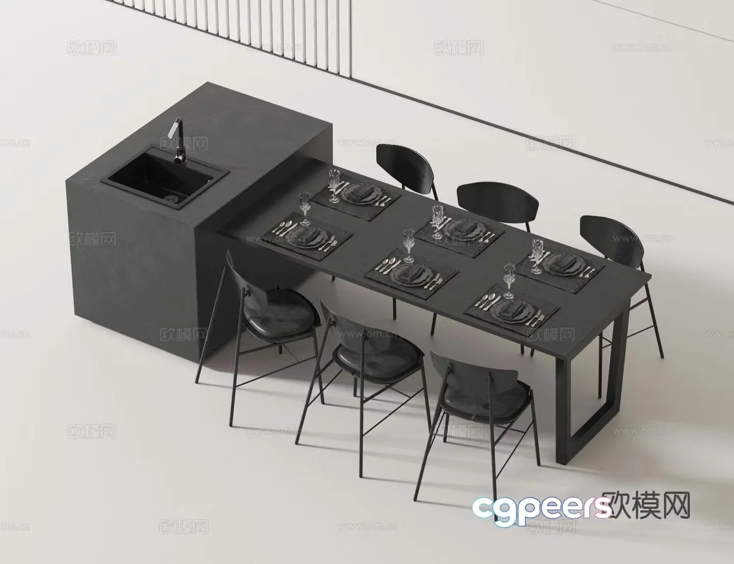 Modern island table dining table and chairs 3d model