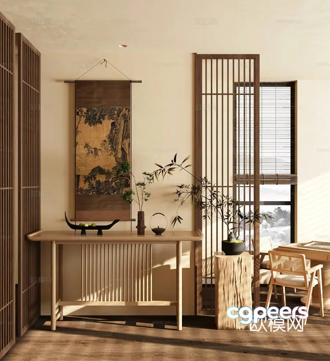 New Chinese style plan end view platform table and chair combination 3D model of hanging paintings
