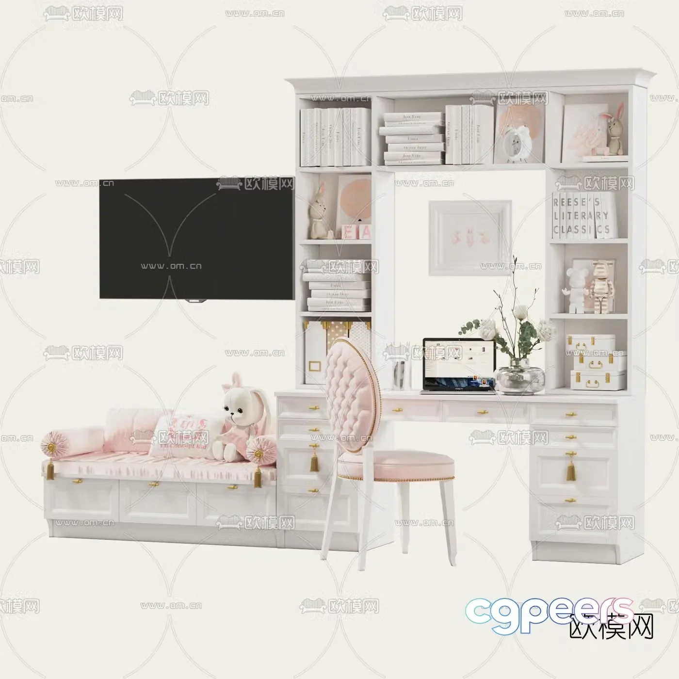 Simple European children’s desk cabinet combination 3D model