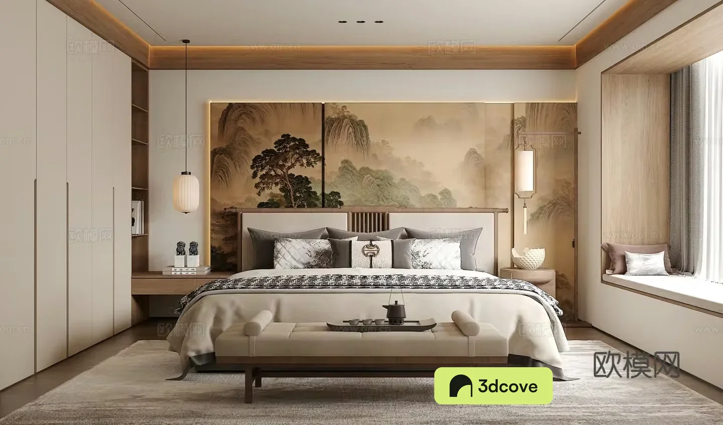 Song’s medieval style bedroom double bed combination bedside table floor lamp green plant ornaments