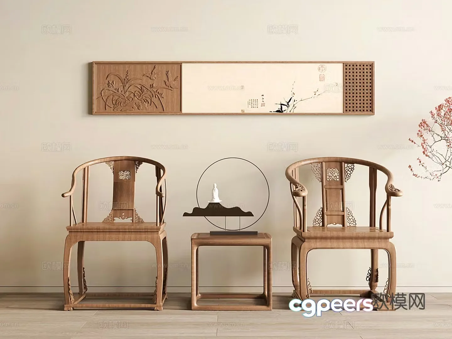 Chinese solid wood palace chair ring chair classical Ming and Qing Taishi chair single chair decorative painting 3D model