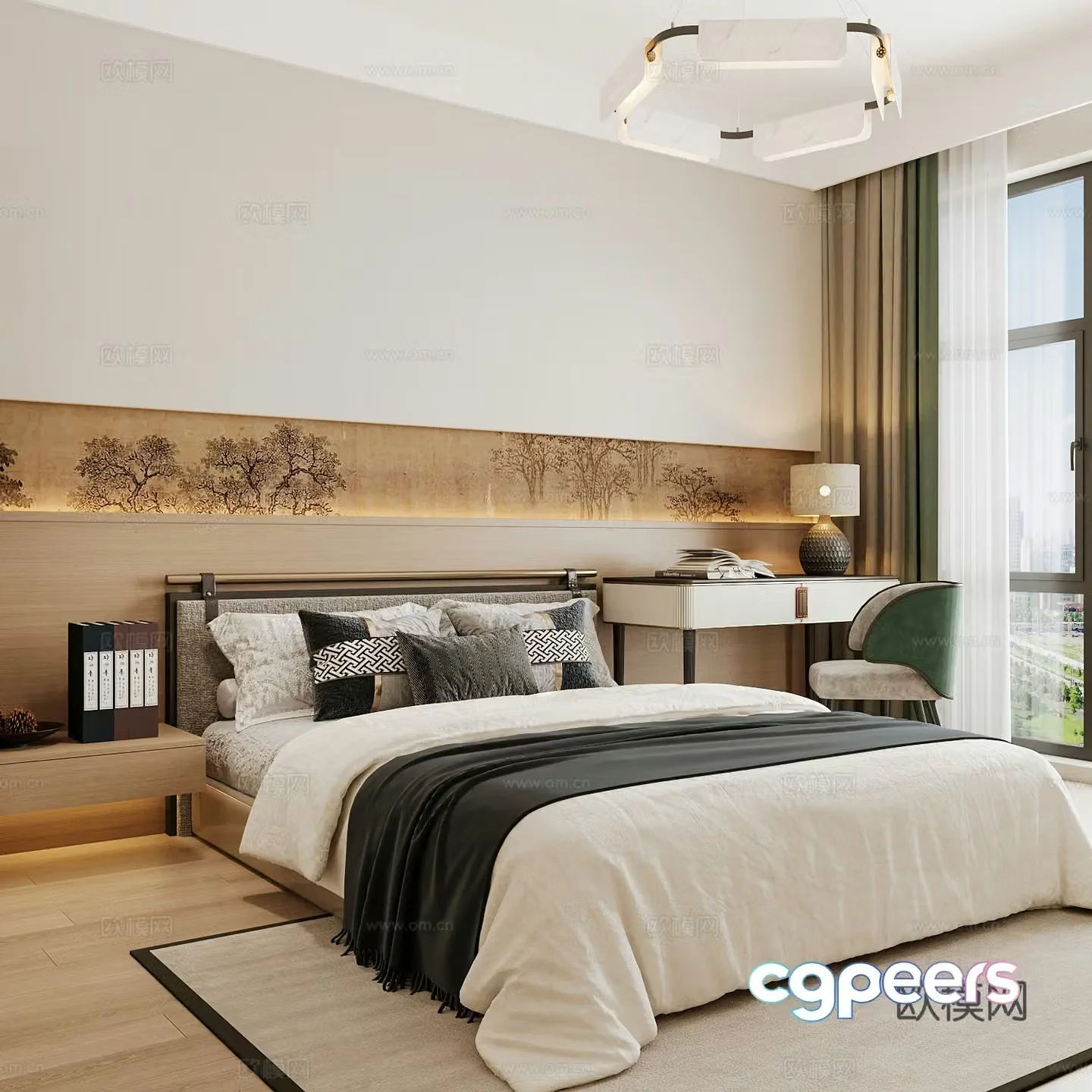 New Chinese style home bedroom Song family aesthetic bedroom Song style bedroom New Chinese style double bed 3D model