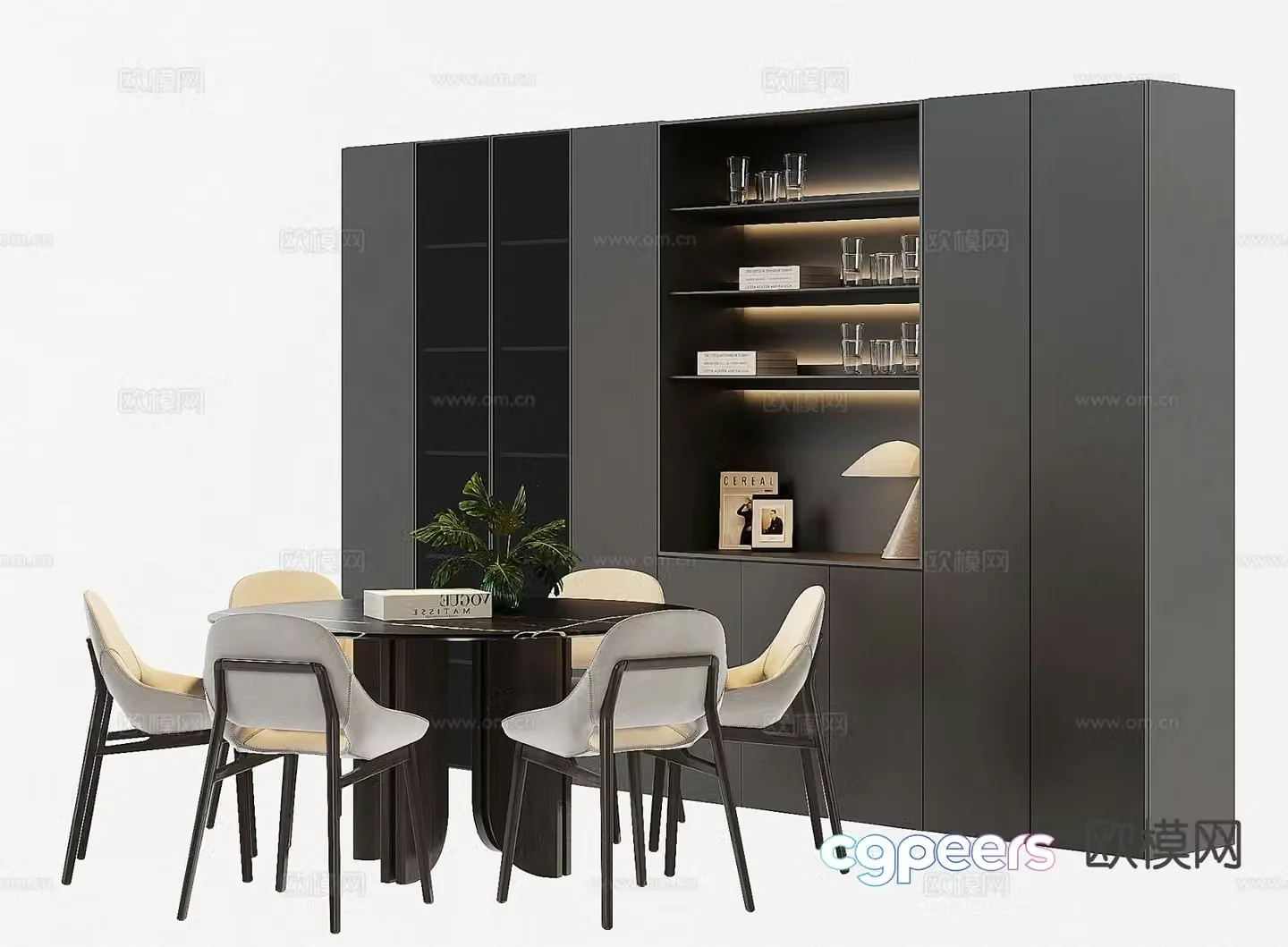 Modern round dining table and chairs sideboard 3d model