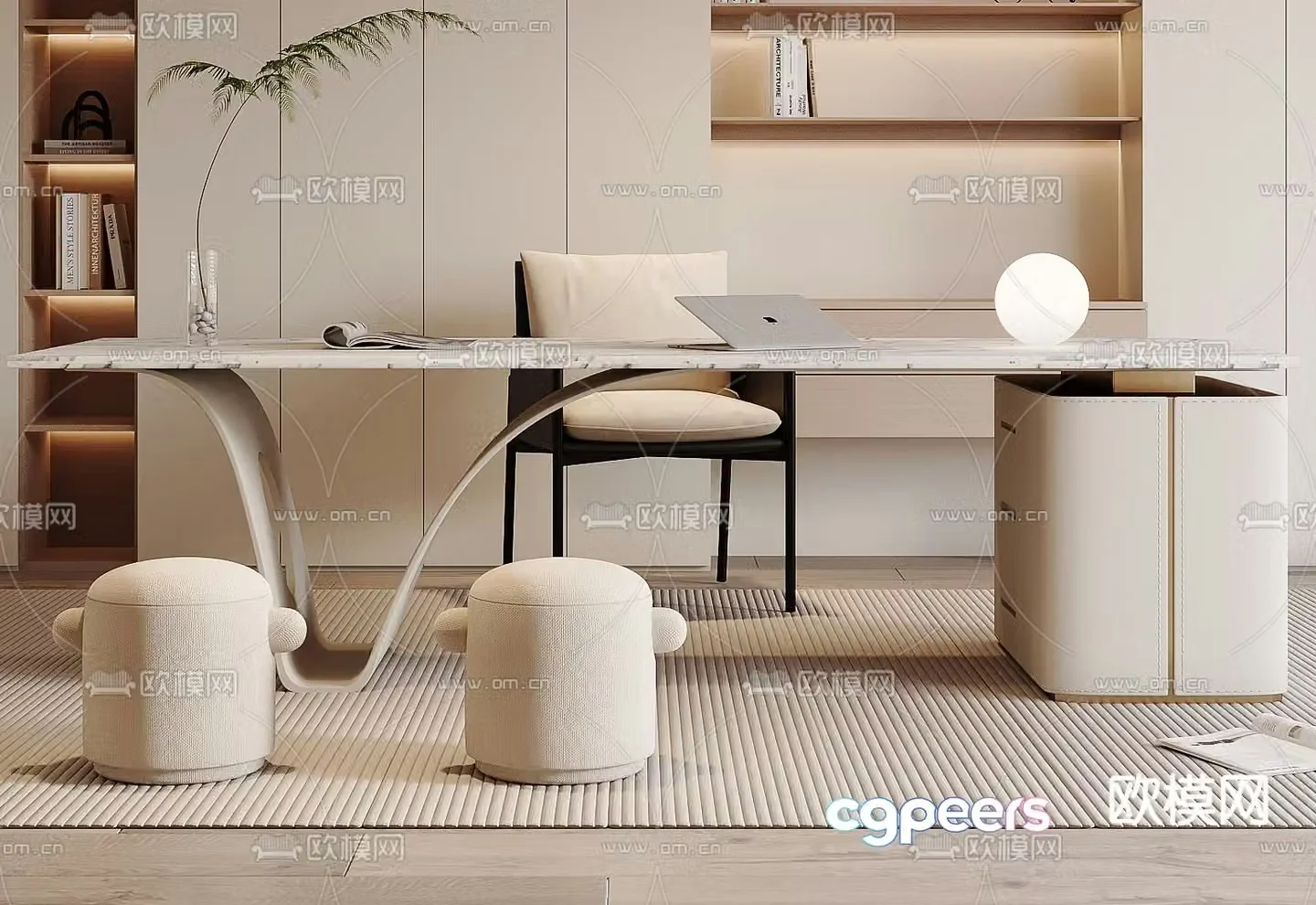 Cream style desk computer desk 3d model