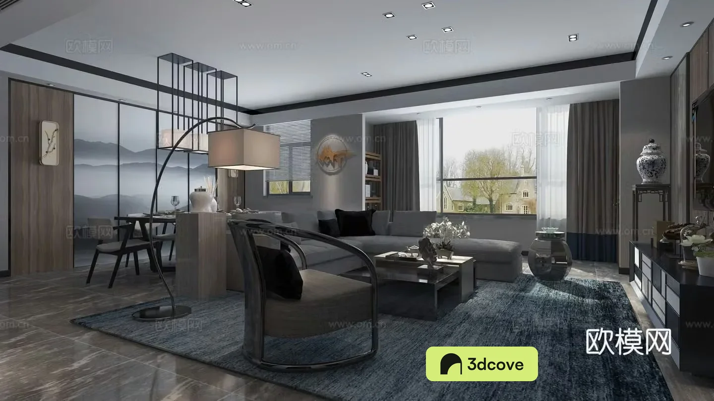 New Chinese style living room dining room living room sofa coffee table dining table living room chandeliers hanging painting
