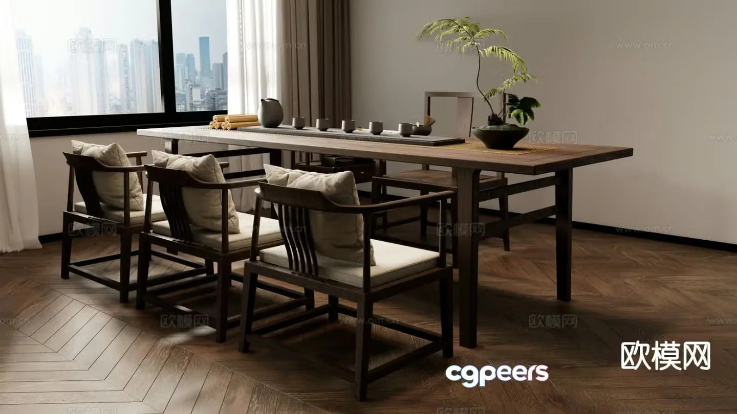 New Chinese tea table and chairs 3d model
