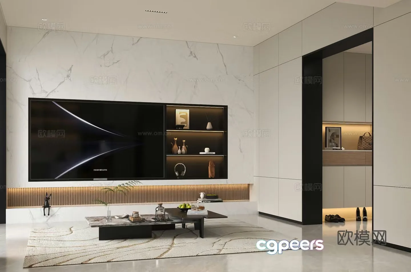 Modern suspended TV wall Stone floor TV wall Modern Italian coffee table ornament Modern cream floor 3D model