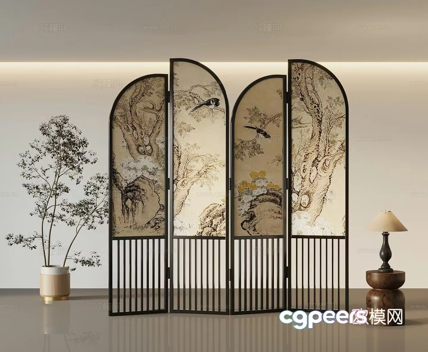 New Chinese-style screen partition Green plant 3D model