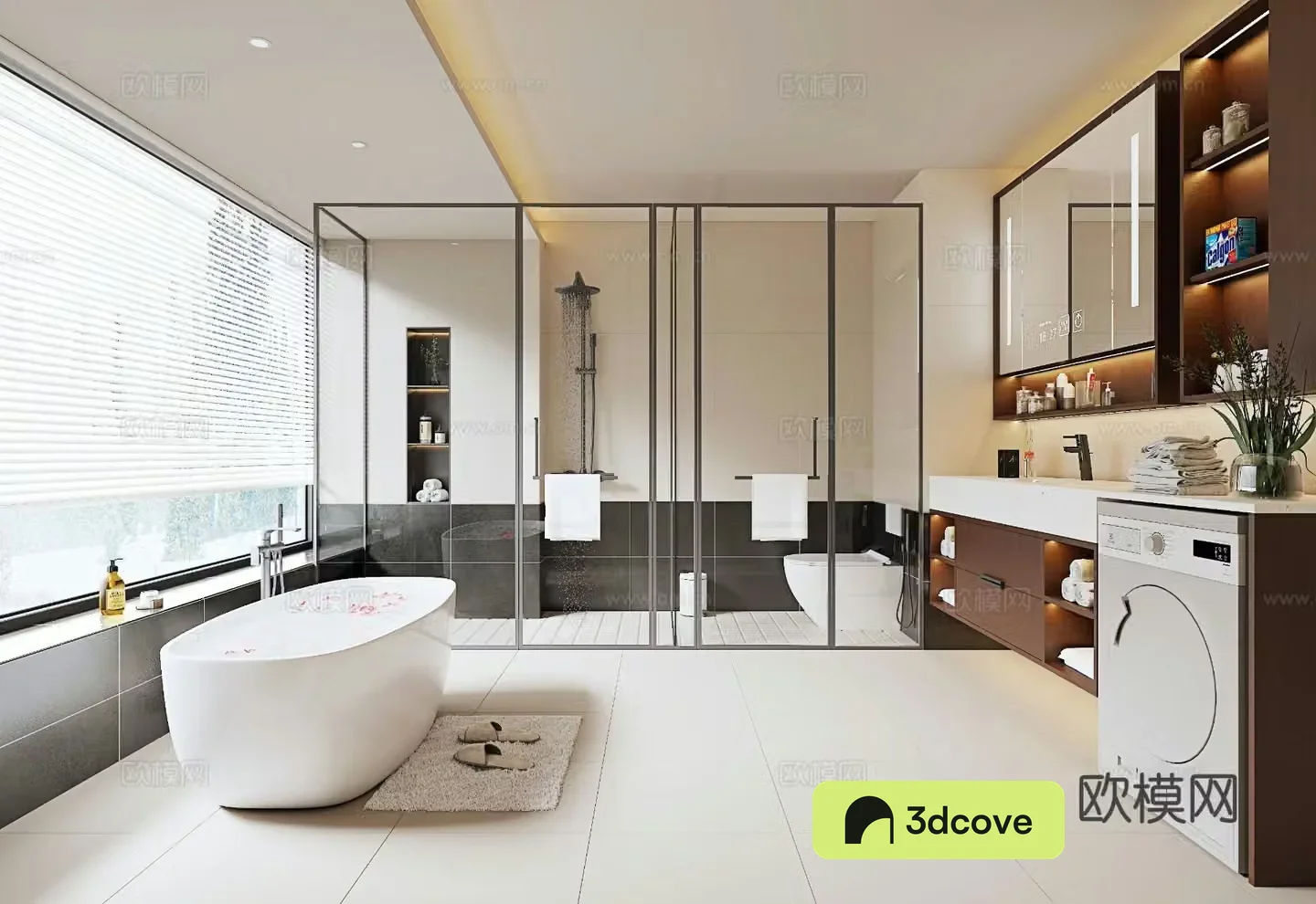 Middle-aged bathroom Villa bathroom Fish tank Washing machine bathroom cabinet integrated cabinet Shower room 3D model