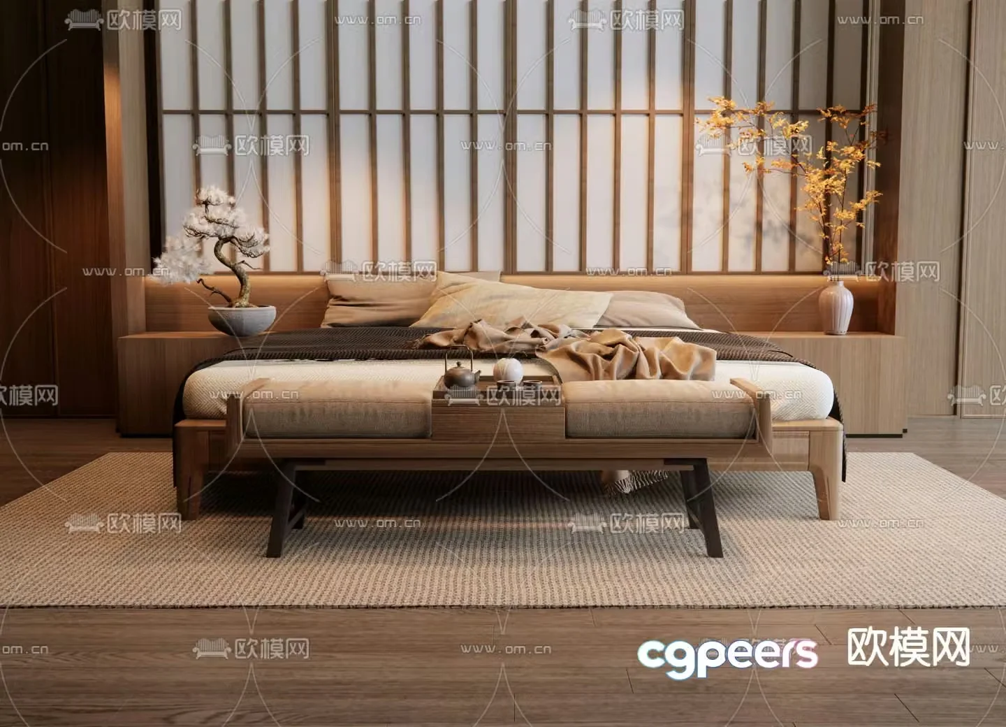 New Chinese style double bed 3d model