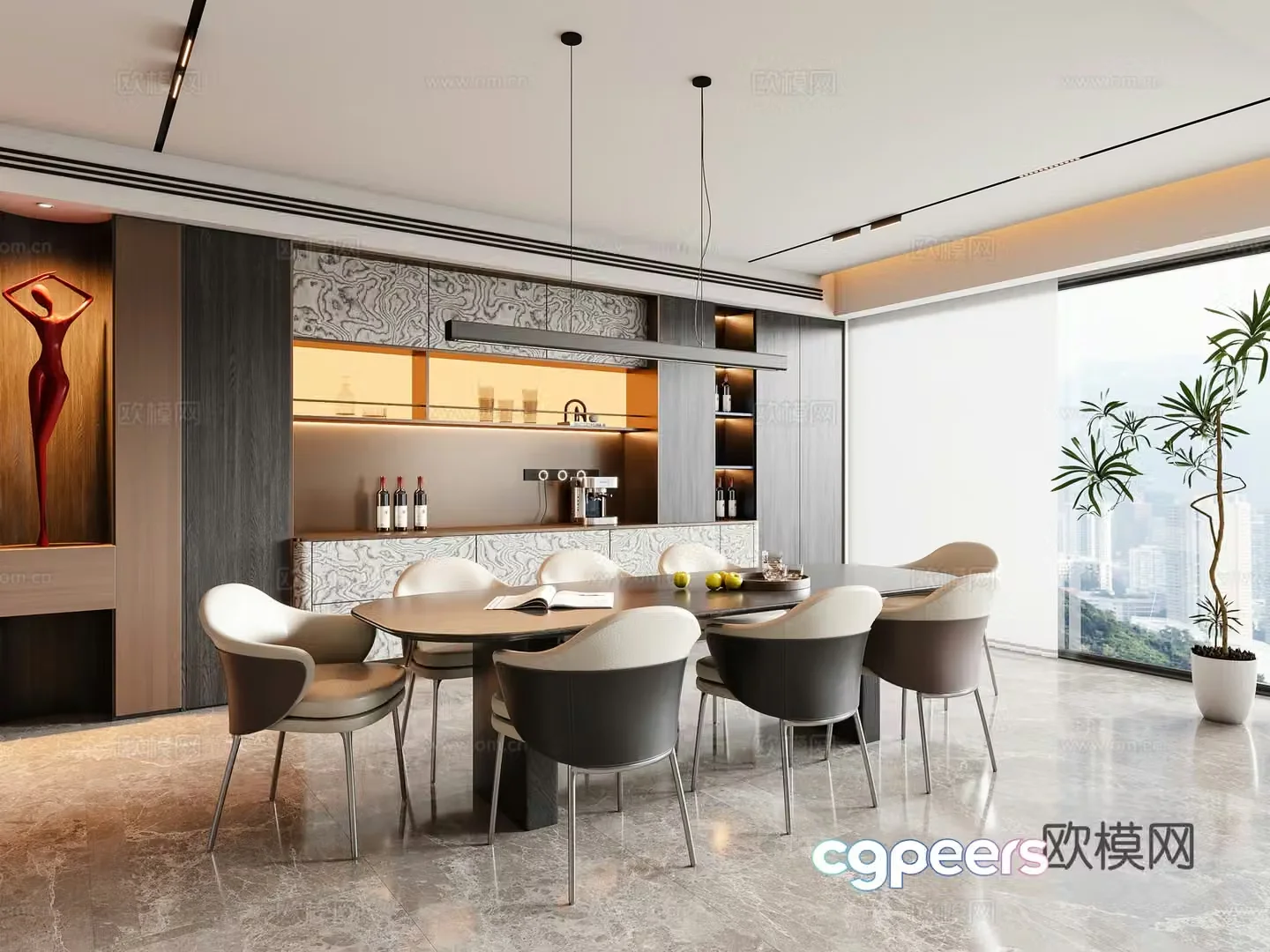 Modern Italian restaurant dining table and chair chandeliers wine cabinet sideboard 3d model