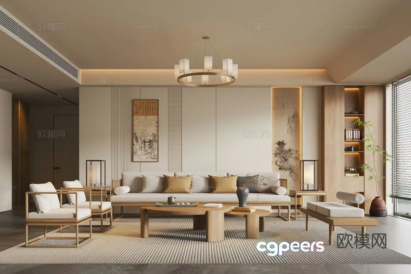 New Chinese style Song style living room solid wood sofa coffee table combination solid wood single chair sofa side table bookcase 3D model