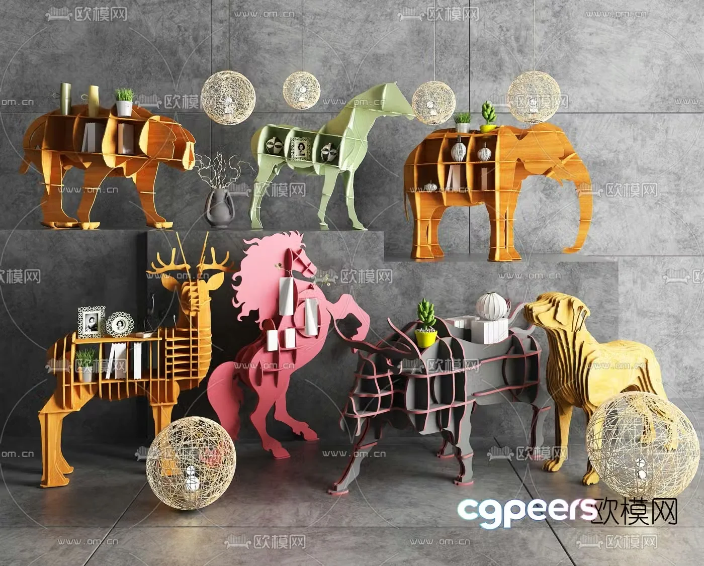 Nordic cartoon animal bookshelf combination 3d model