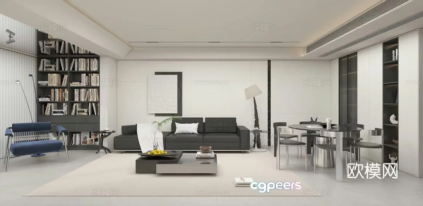 Modern minimalist living and dining room 3d model 3d model