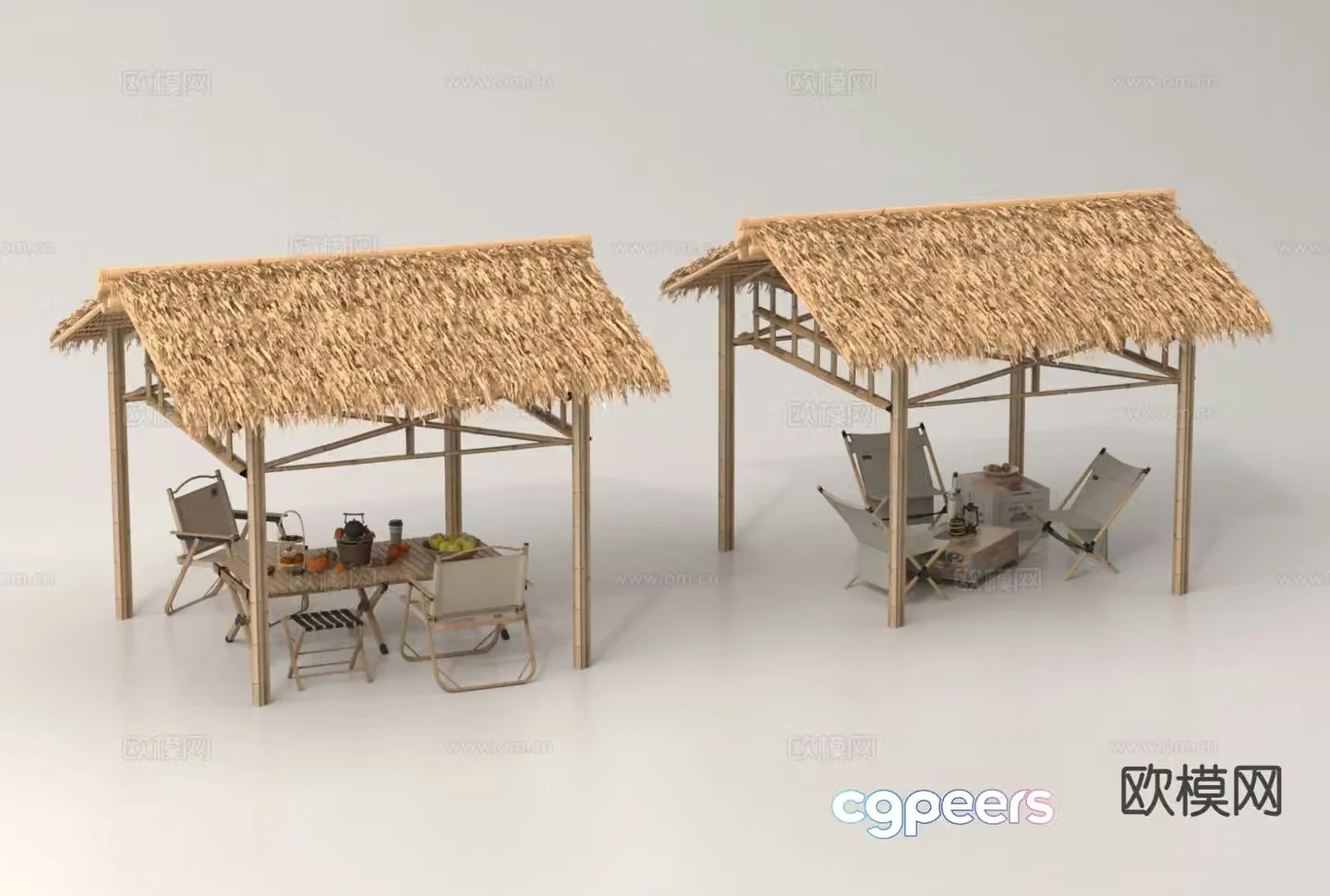 Outdoor tables and chairs camping tables and chairs thatched shed awning awning 3D model