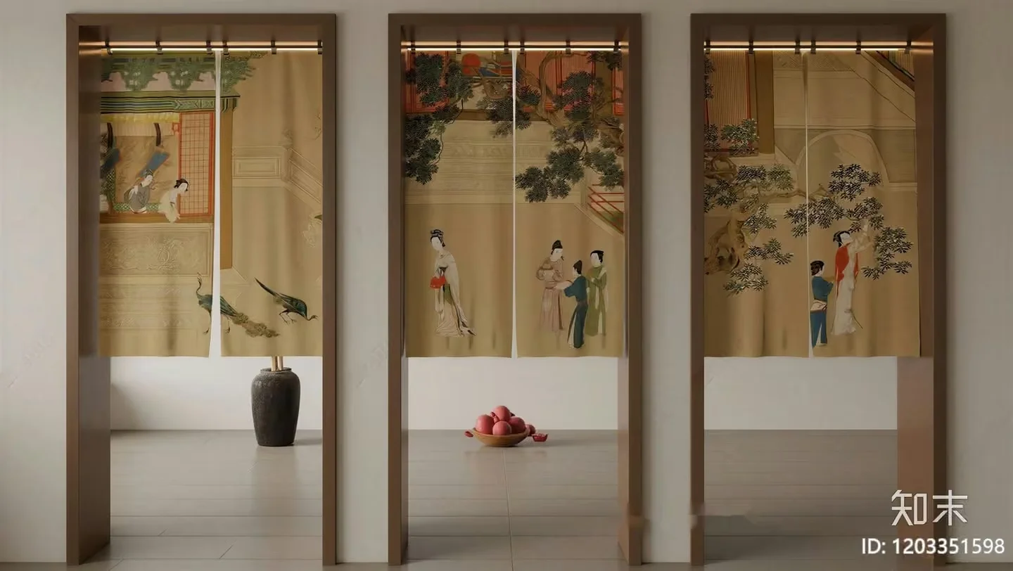 The Main Subject Is A Curtain With Asian-Style Artwork And One Key Characteristic 3D Model – 12520 – VRAY Render