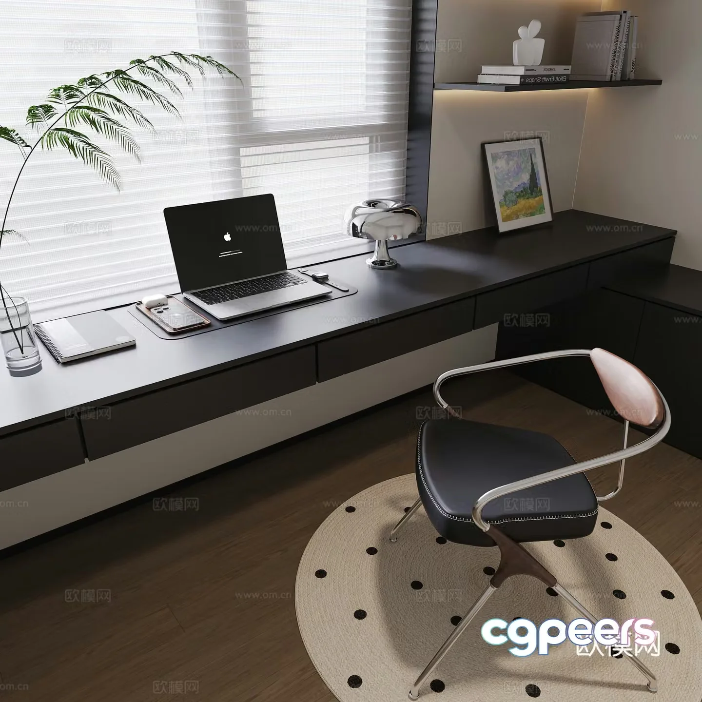 Modern study desk chair single chair computer combination desk lamp ornament bookcase decorative painting 3d model