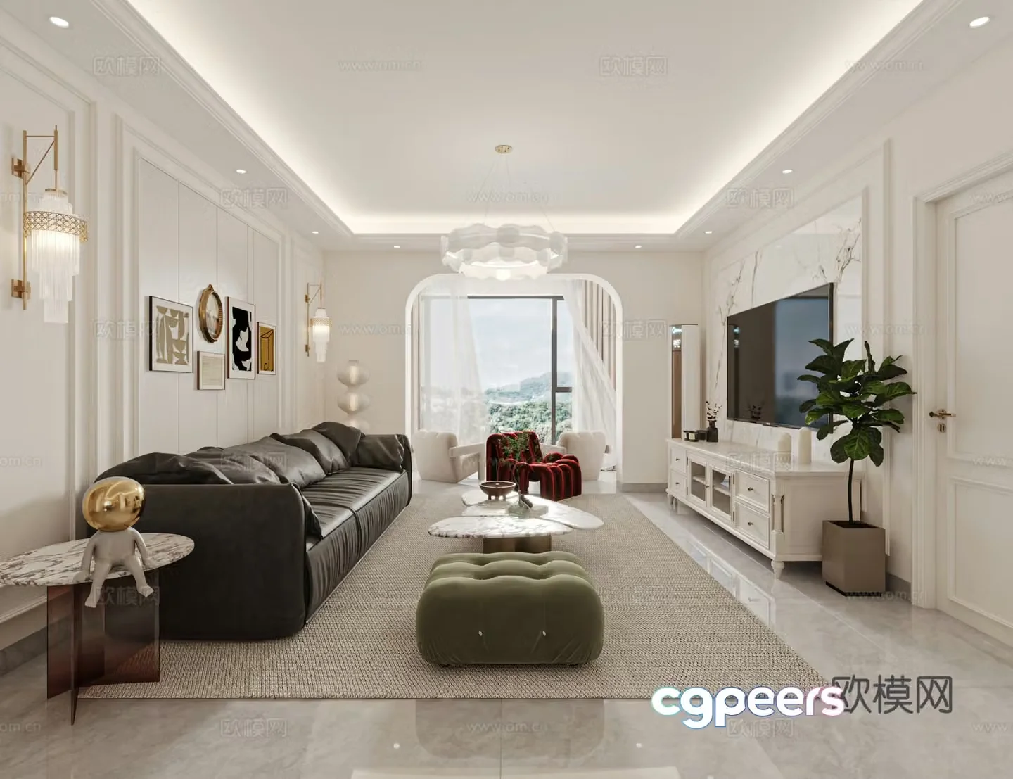Light luxury French living and dining room 3D model