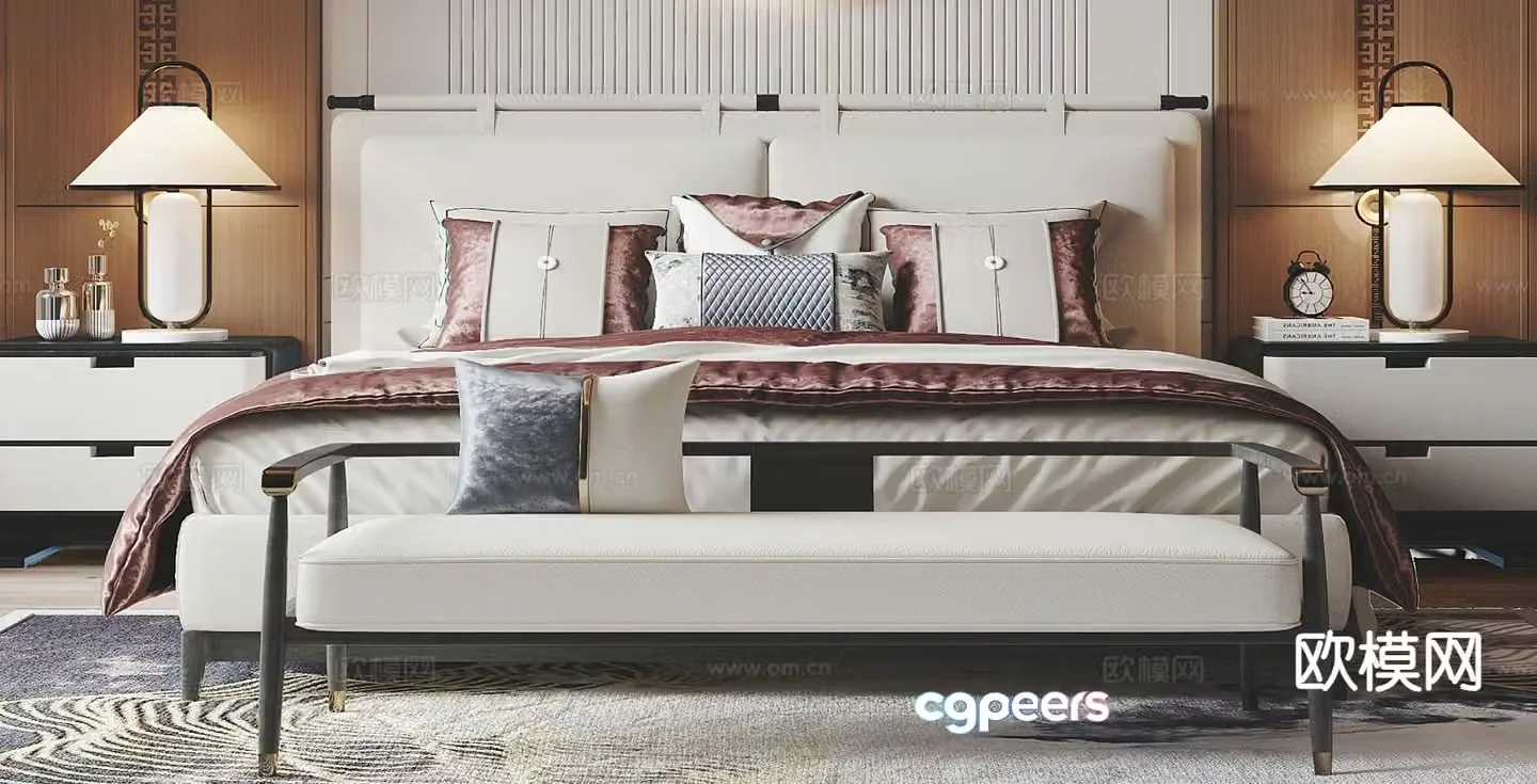 New Chinese style double bed 3d model