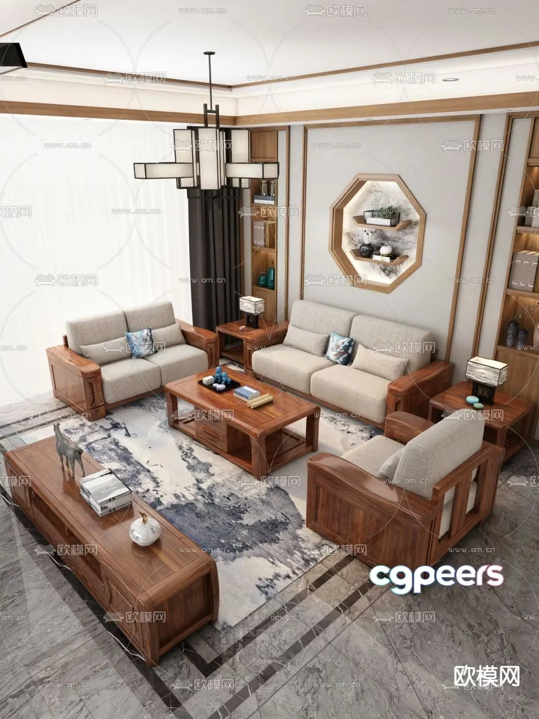 Chinese style modular sofa living room 3d model