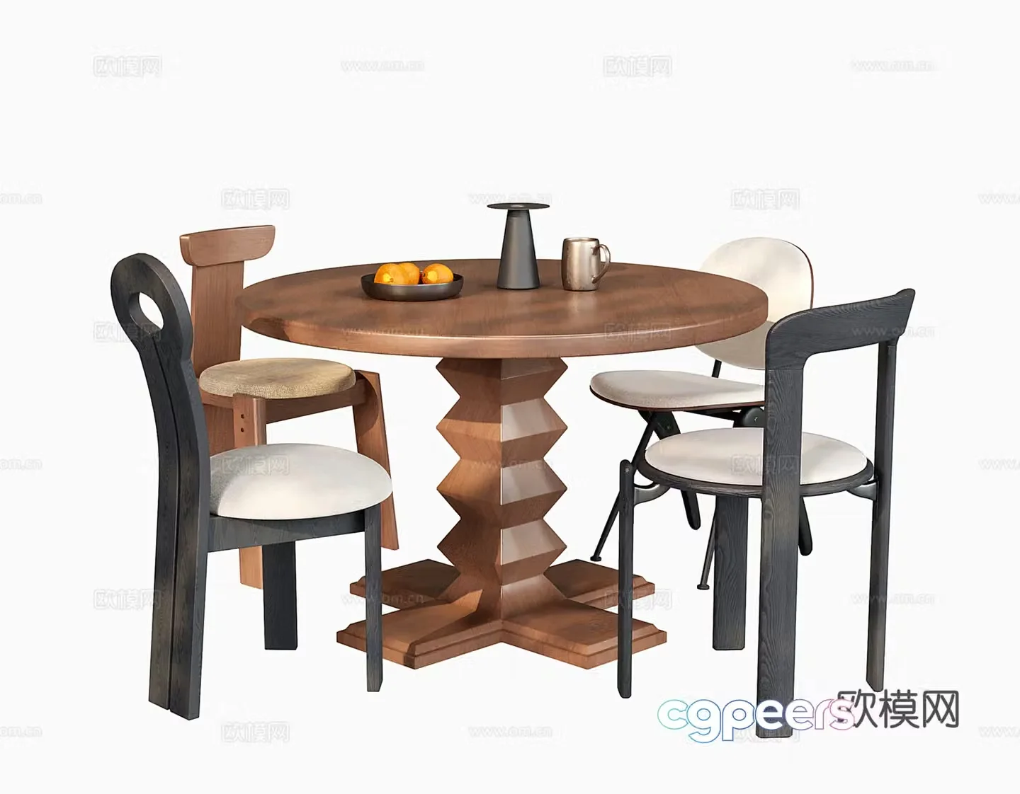 Medium style dining table and chairs Round dining table and dining chairs Single chair 3D model