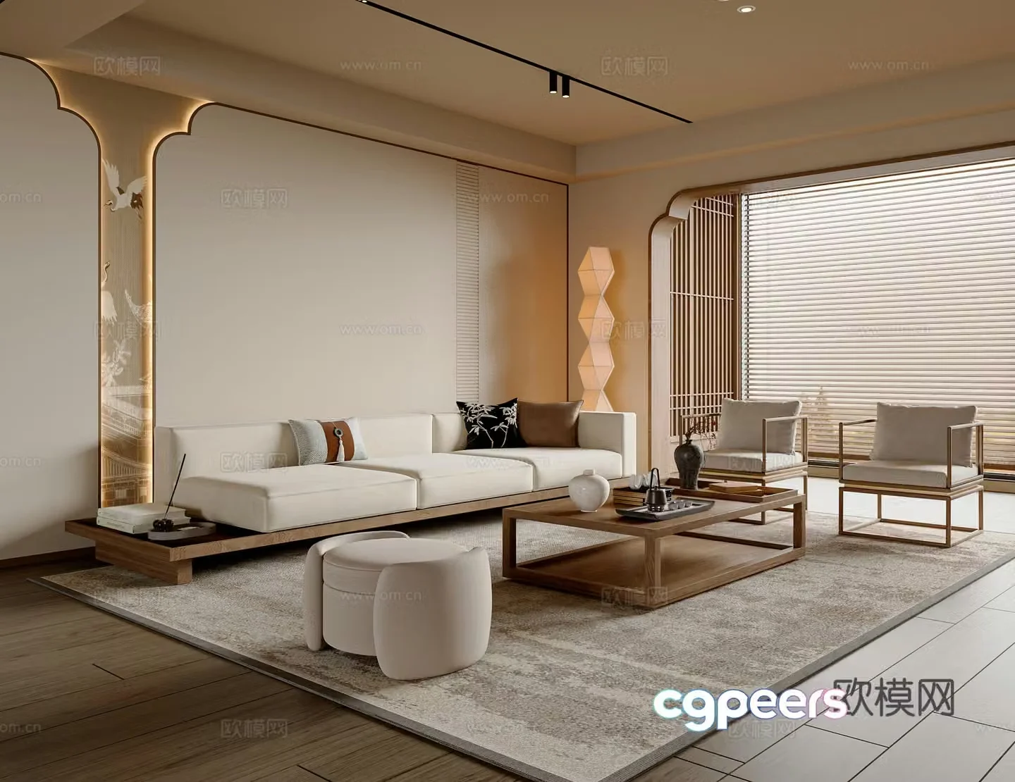 New Chinese style Chinese style living room sofa and coffee table set leisure chair floor lamp punzi Song style 3D model