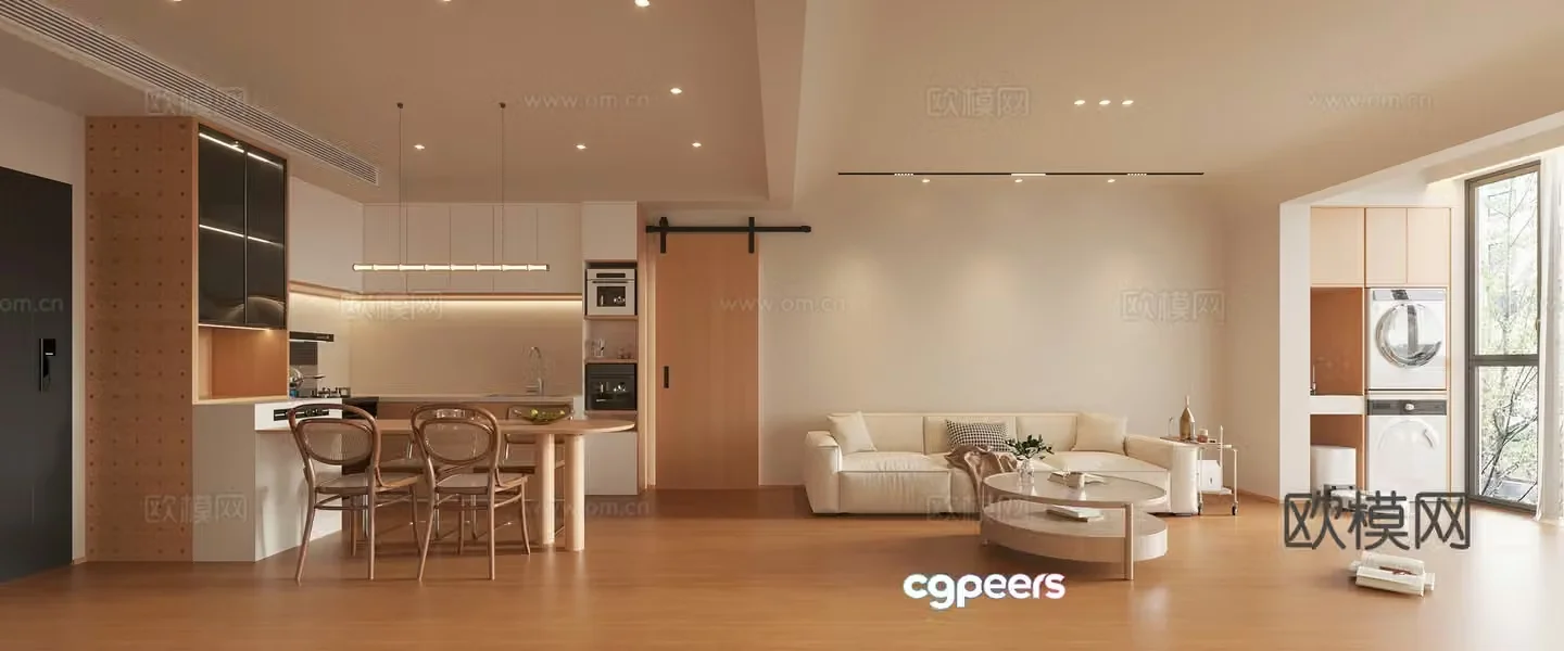 Cream log living room and dining room background wall kitchen island balcony washing machine 3d model