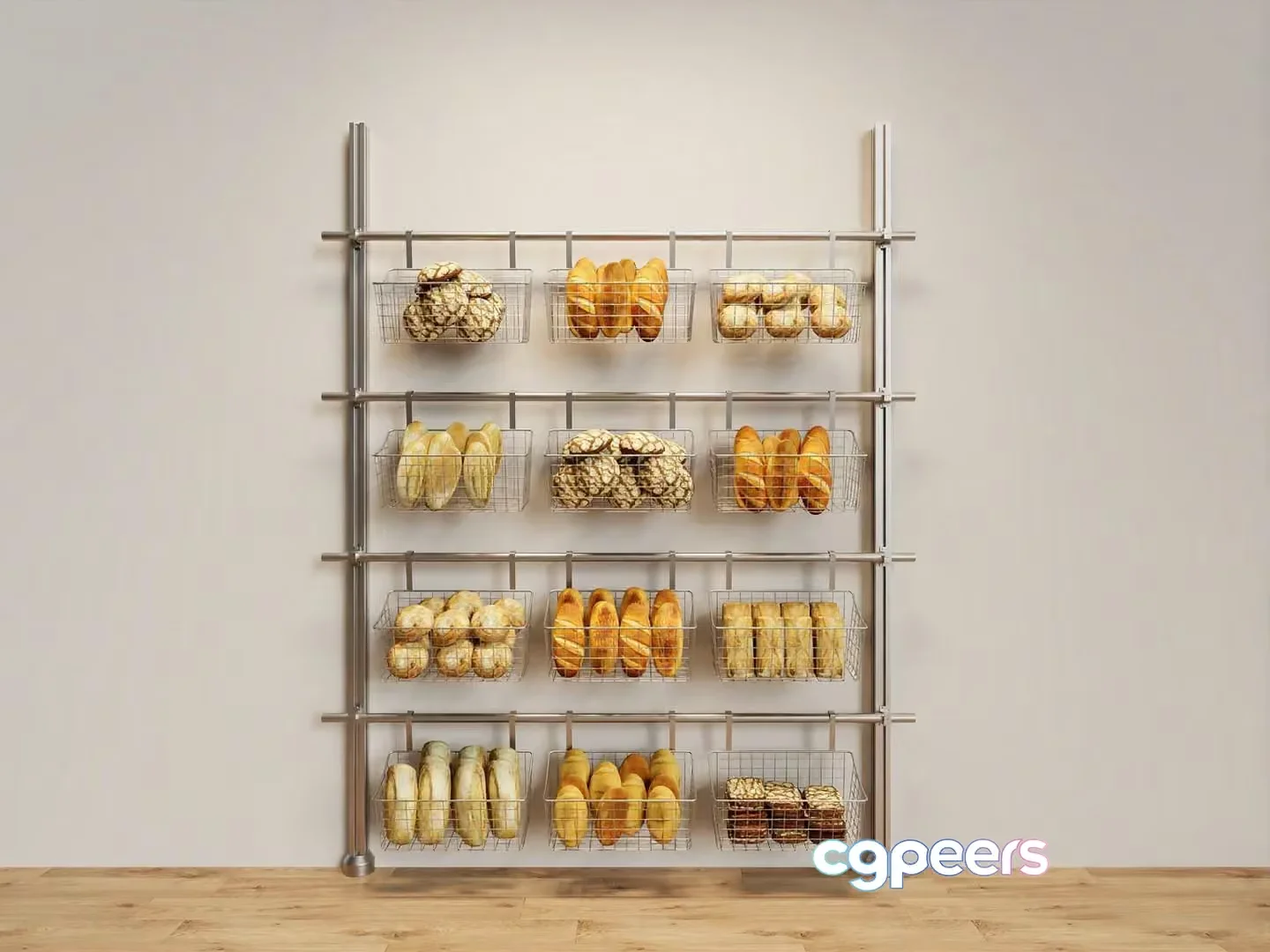A Metal Shelving Unit With Bread Baskets 3D Model – 14279 – CORONA Render