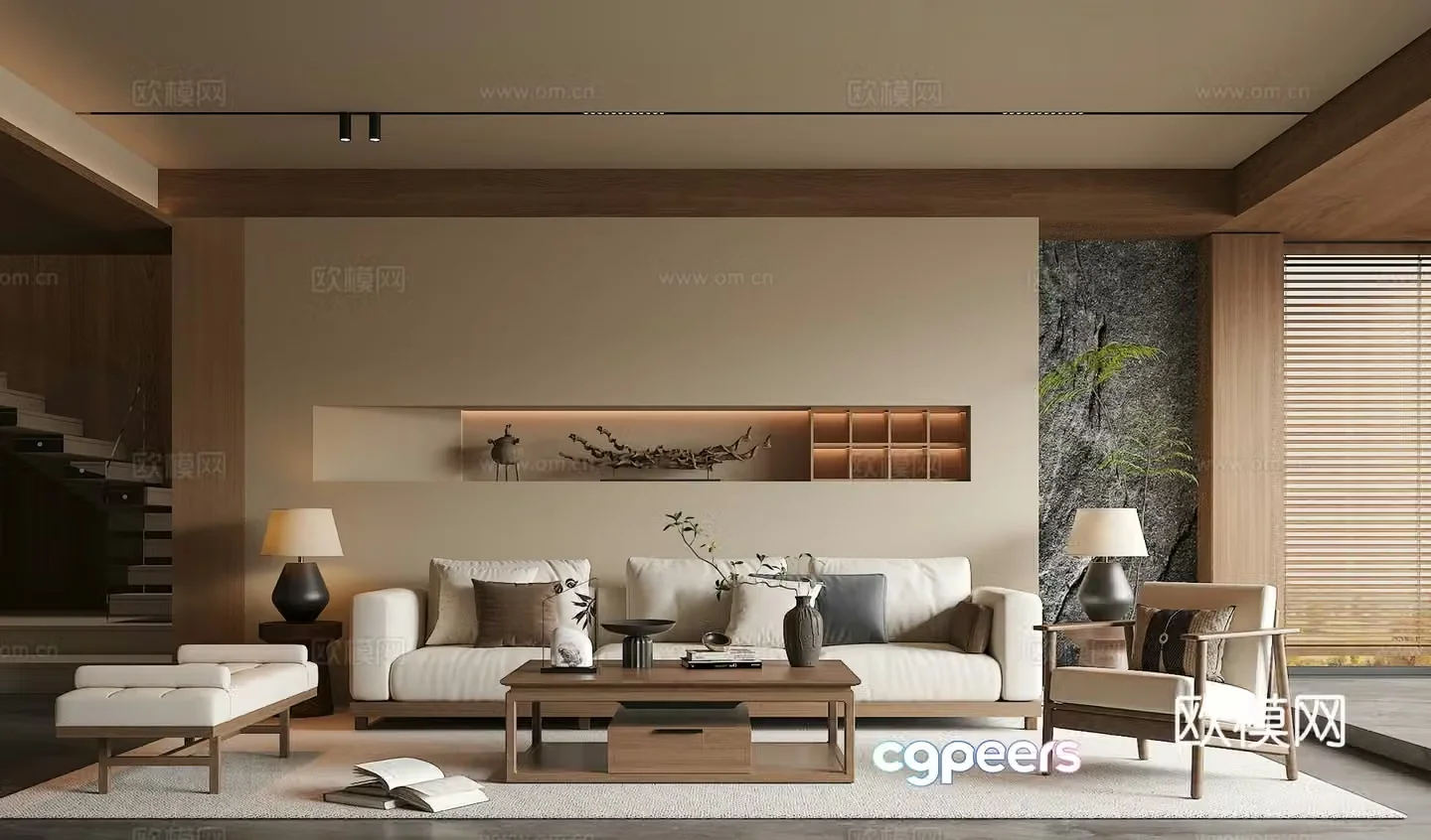 Song’s medieval style living room sofa and coffee table combination green plants accessories and decorations desk lamps background wall 3D model