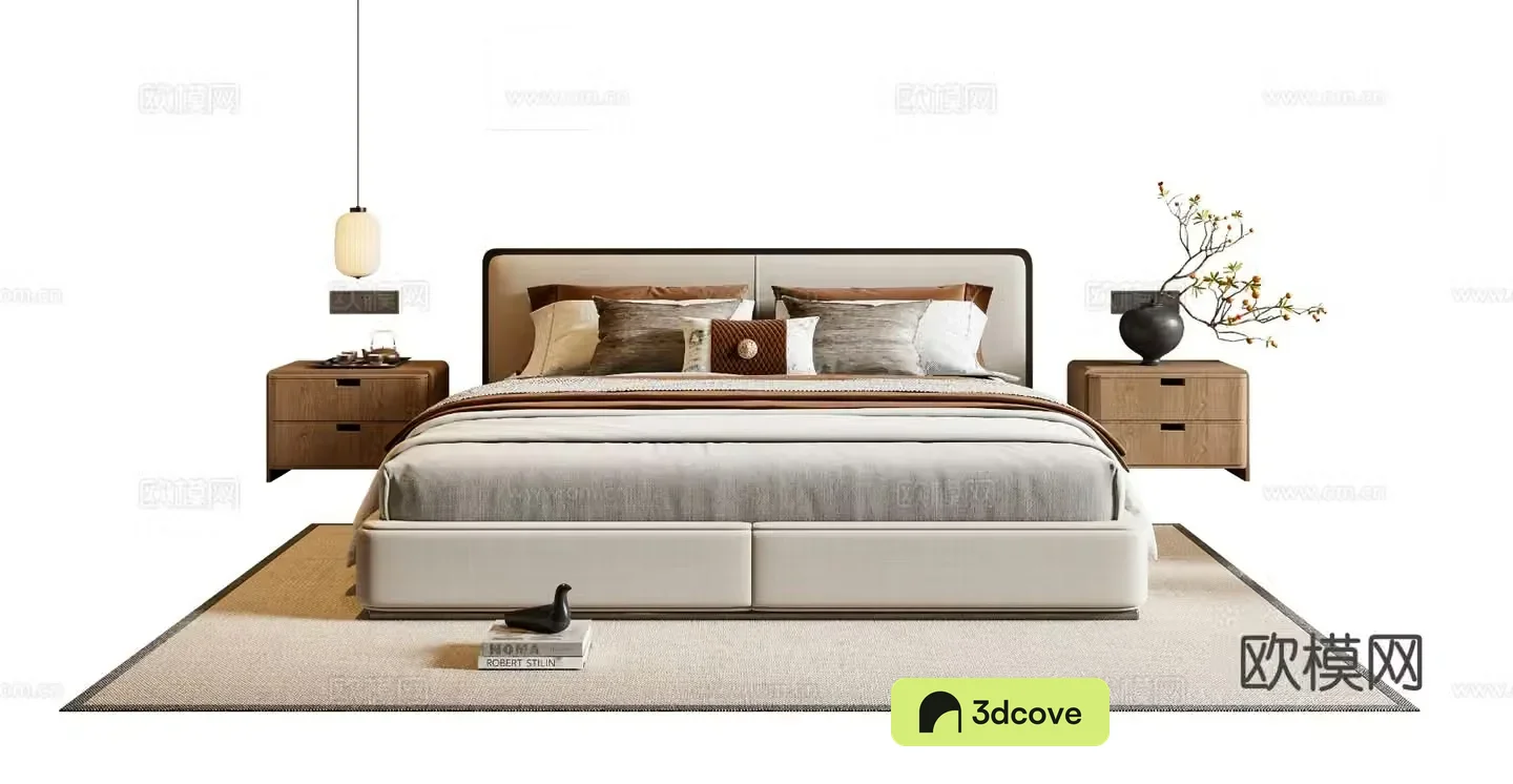 New Chinese style double bed fabric bed nightstand chandeliers carpet