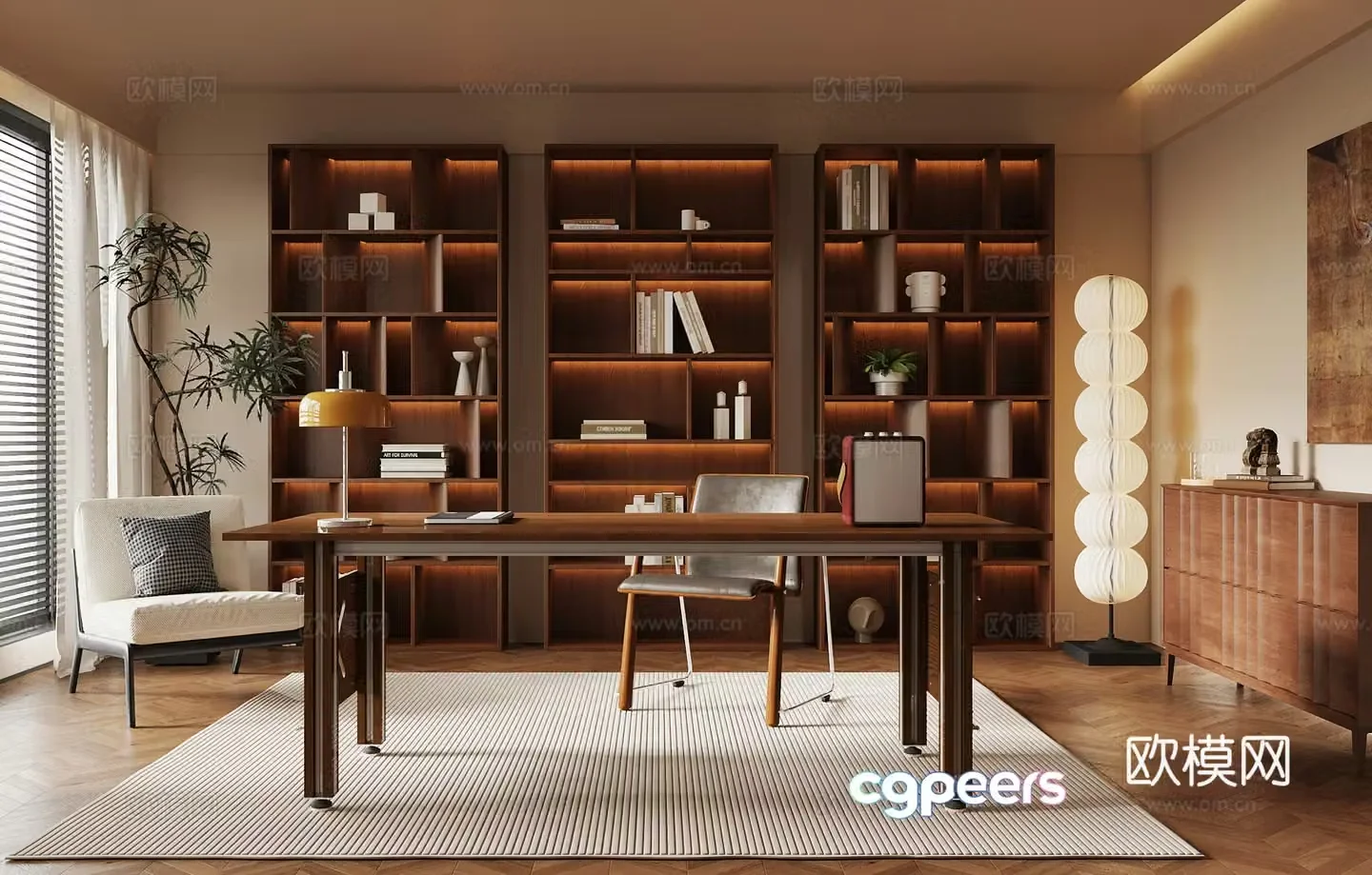 Middle-aged study bookcase desk and chair 3D model