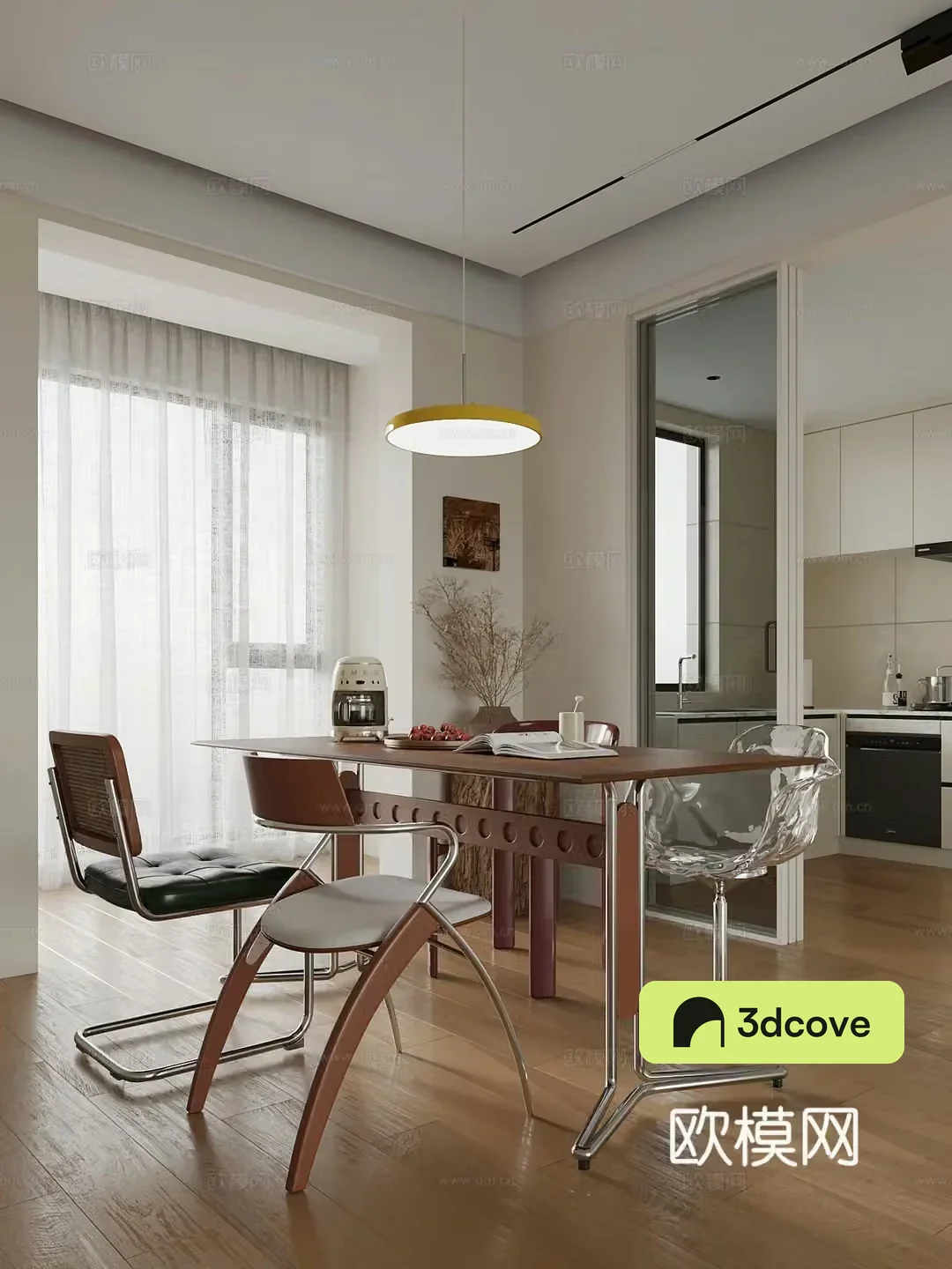 Middle style restaurant dining table and chair 3D model
