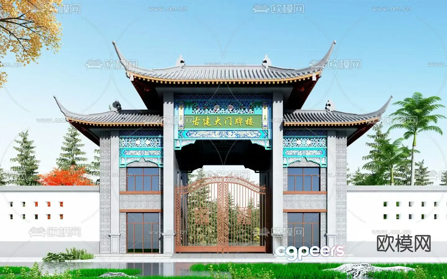 Chinese style entrance facade door head 3D model