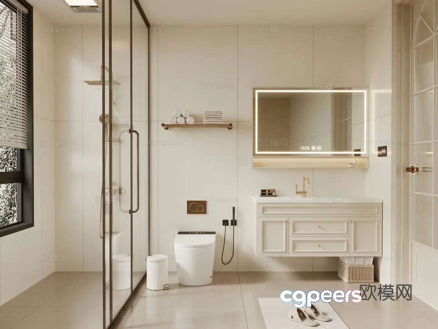 French cream style bathroom bathroom cabinet toilet shower 3d model