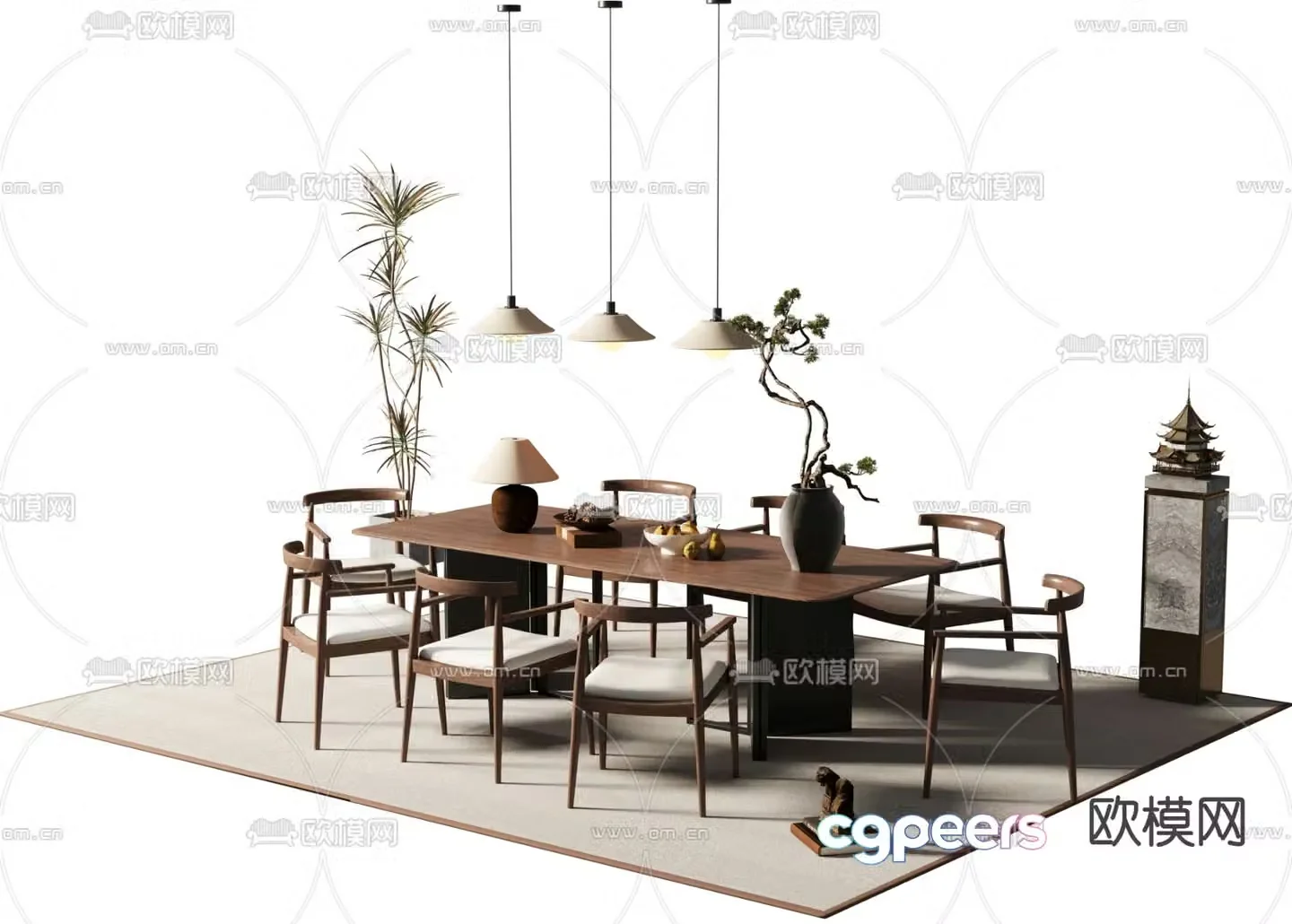 New Chinese dining table and chairs strip dining table 3D model