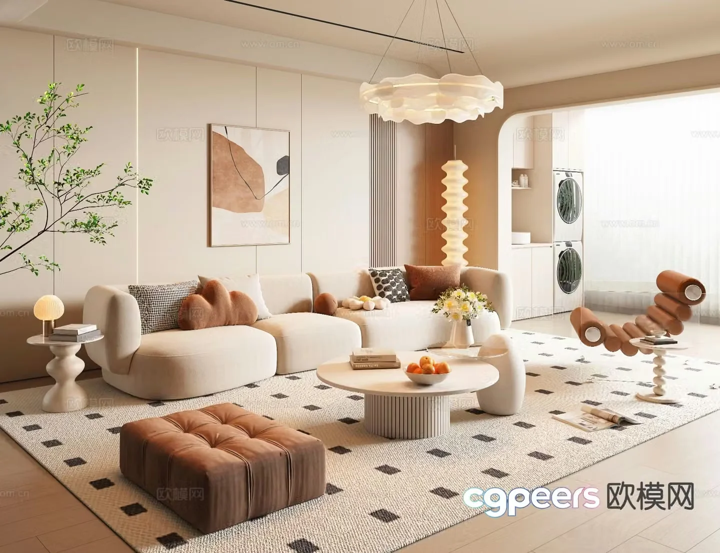 Cream style living room sofa coffee table combination 3d model