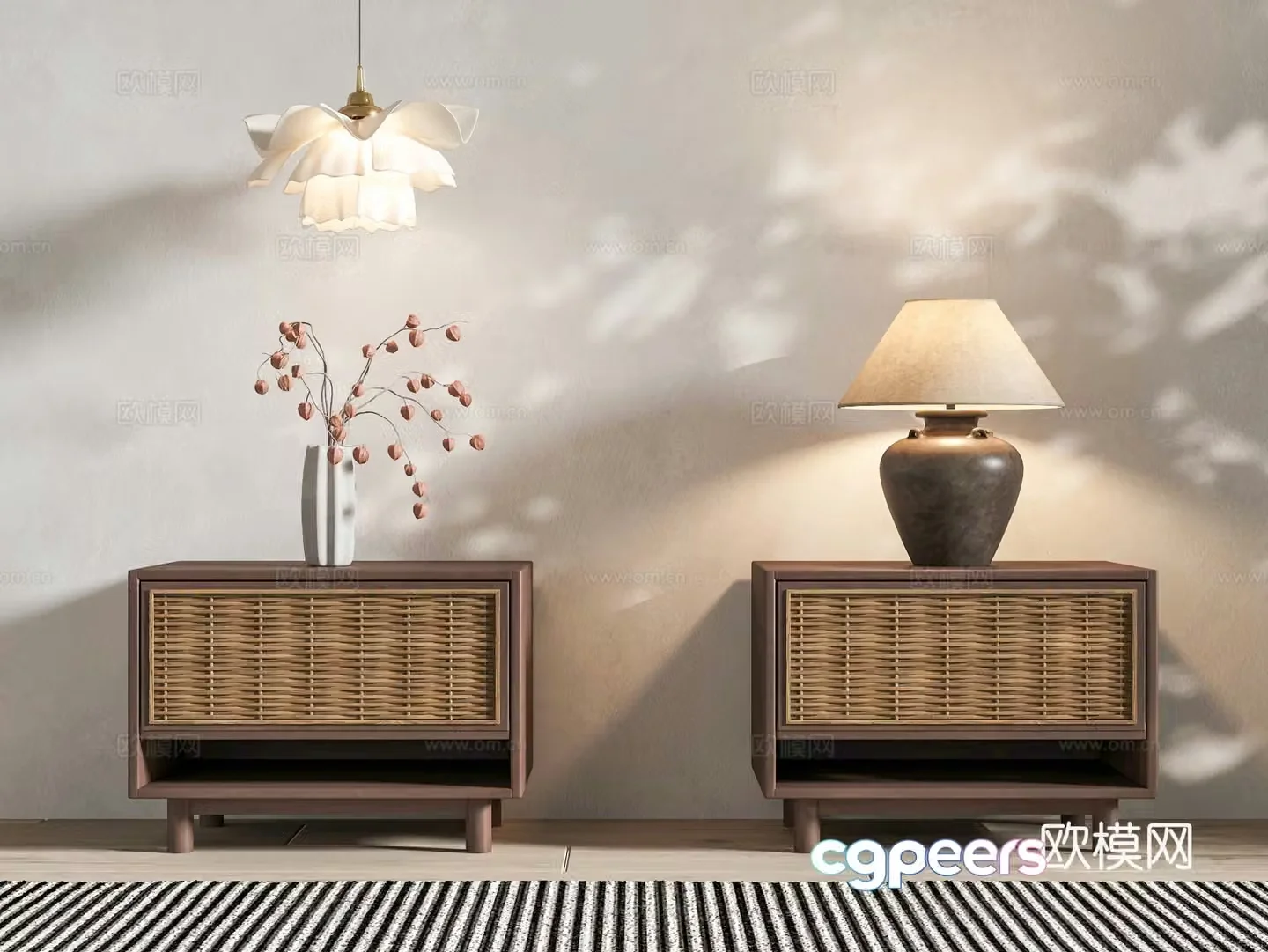 Middle-aged rattan bedside table Japanese bedside table desk lamp art small chandeliers 3D model