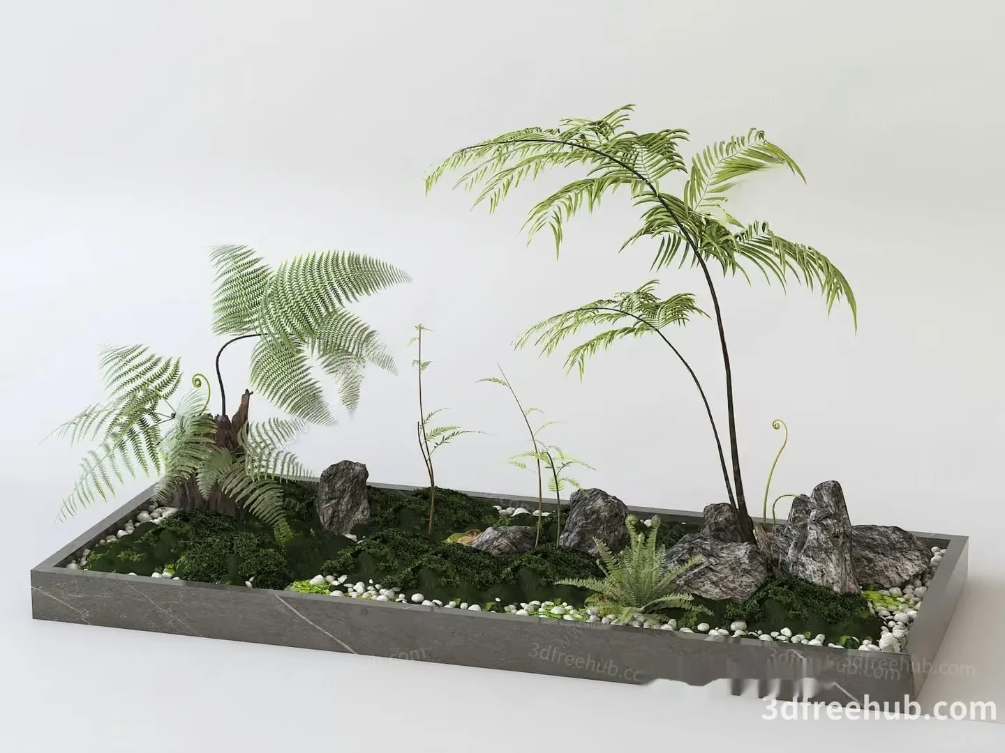A 3D Model Of A Rectangular Garden Bed With Plants And Rocks 3D Model – 22227 – VRAY Render