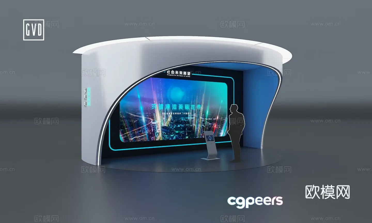 Screen display Ring curtain Immersion area Large screen display Console Surrounding area Semicircular space 3D model