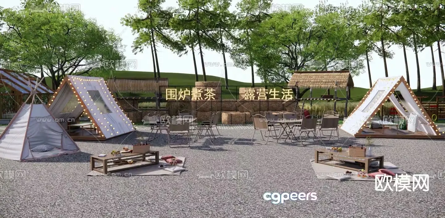 Camping farm park tea by fire 3d model