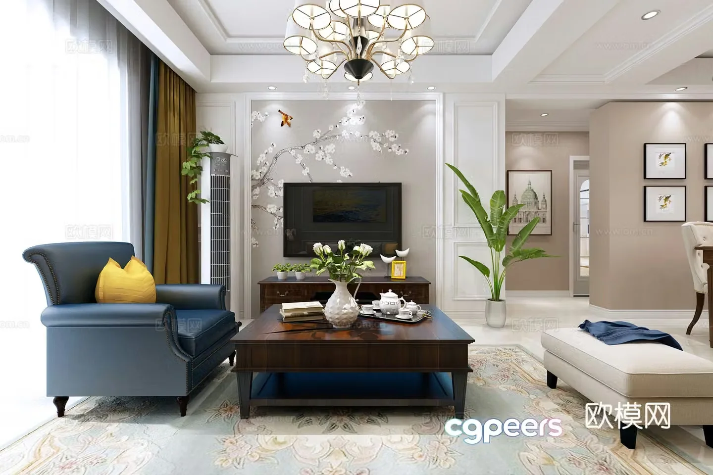 American simple living and dining room TV background wall living room dining room 3d model