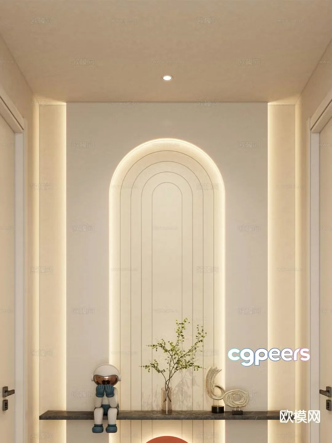 Cream style corridor end view entrance aisle 3D model