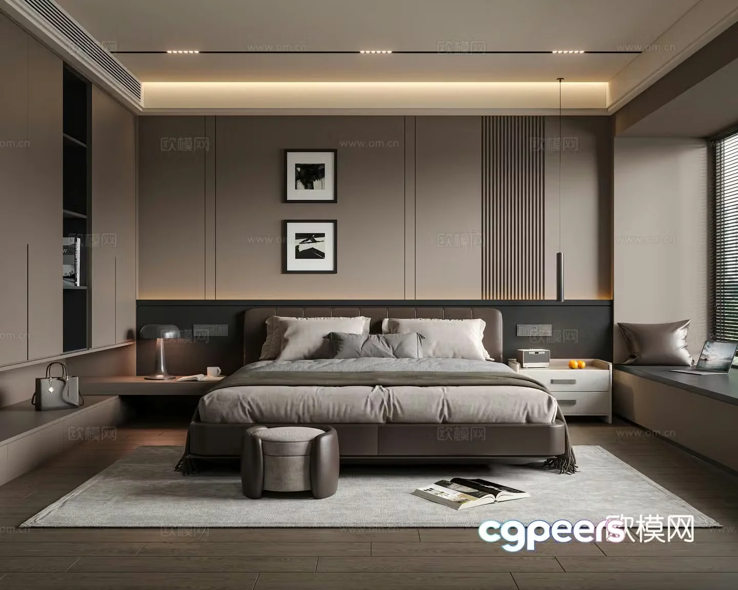 Modern Italian bedroom Master bedroom Double bed Wardrobe Bedside table Carpet Hanging paintings Jewelry 3d model