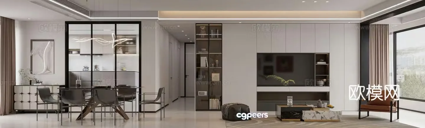 Modern living and dining room 3d model