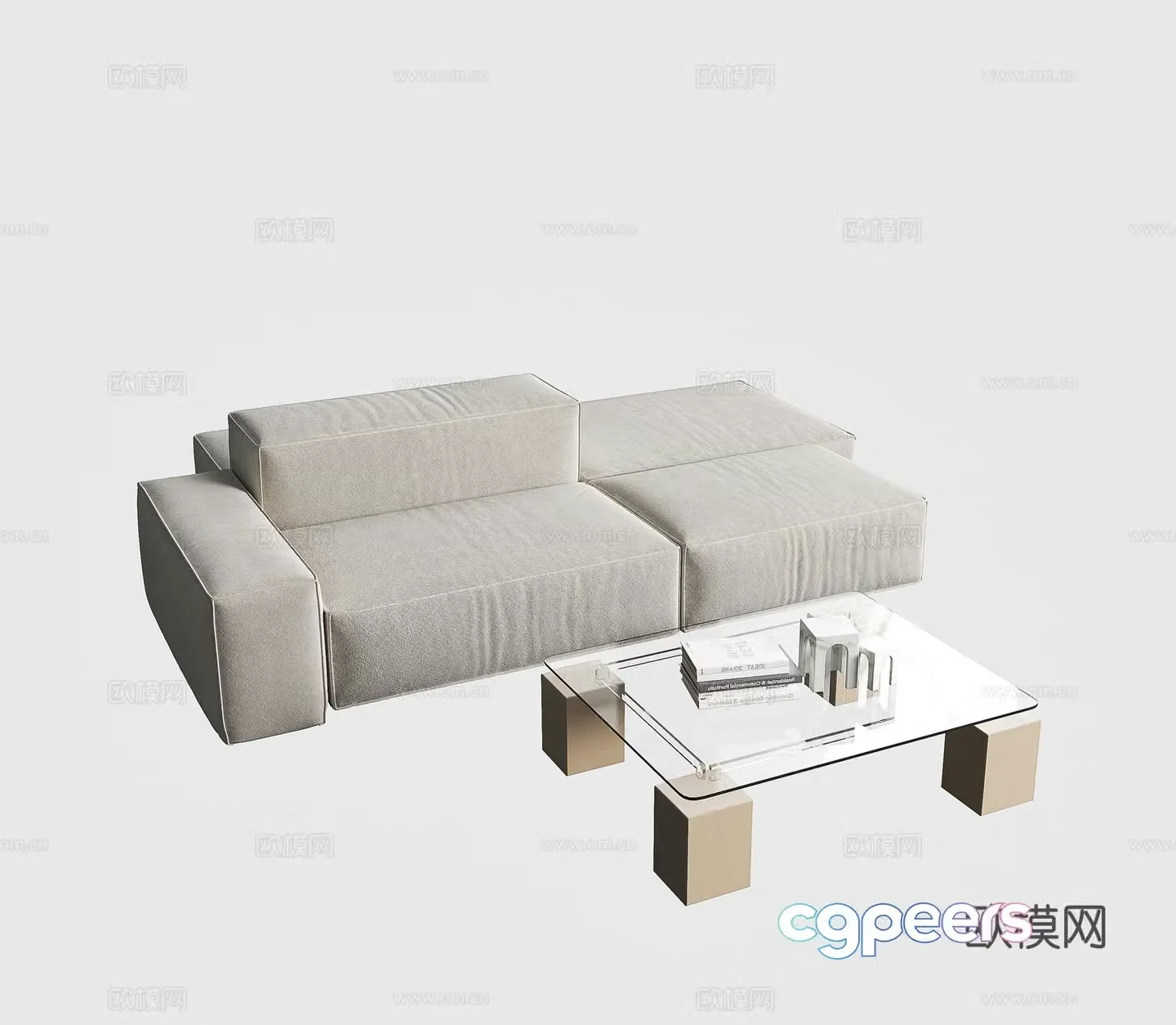 Modern three-person sofa tea table combination cream style sofa tea table bread sofa tofu block sofa 3d model